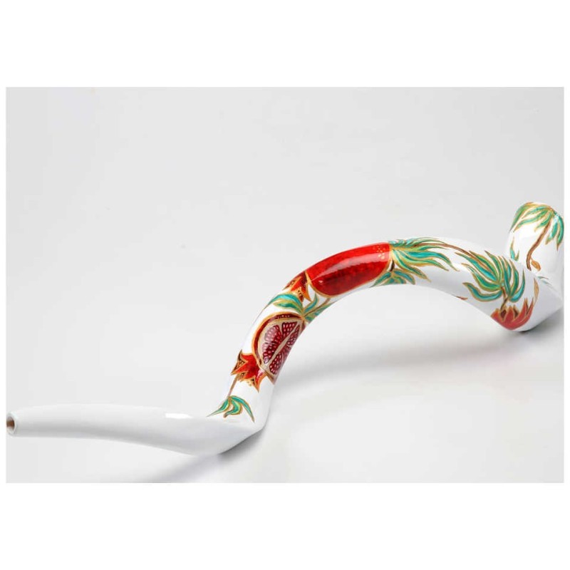 White Pomegranate Painted Yemenite Shofar - 40" (W | Rosh Hashanah | J
