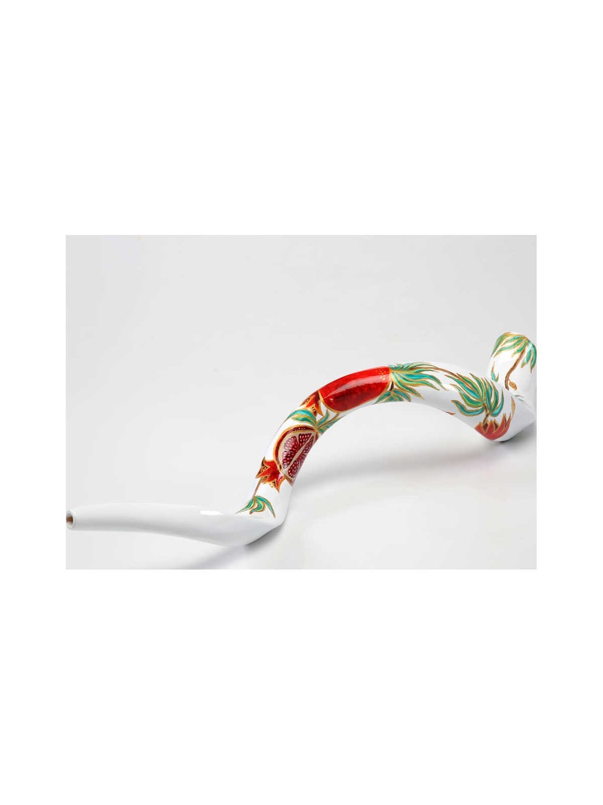 White Pomegranate Painted Yemenite Shofar - 40" (W | Rosh Hashanah | J