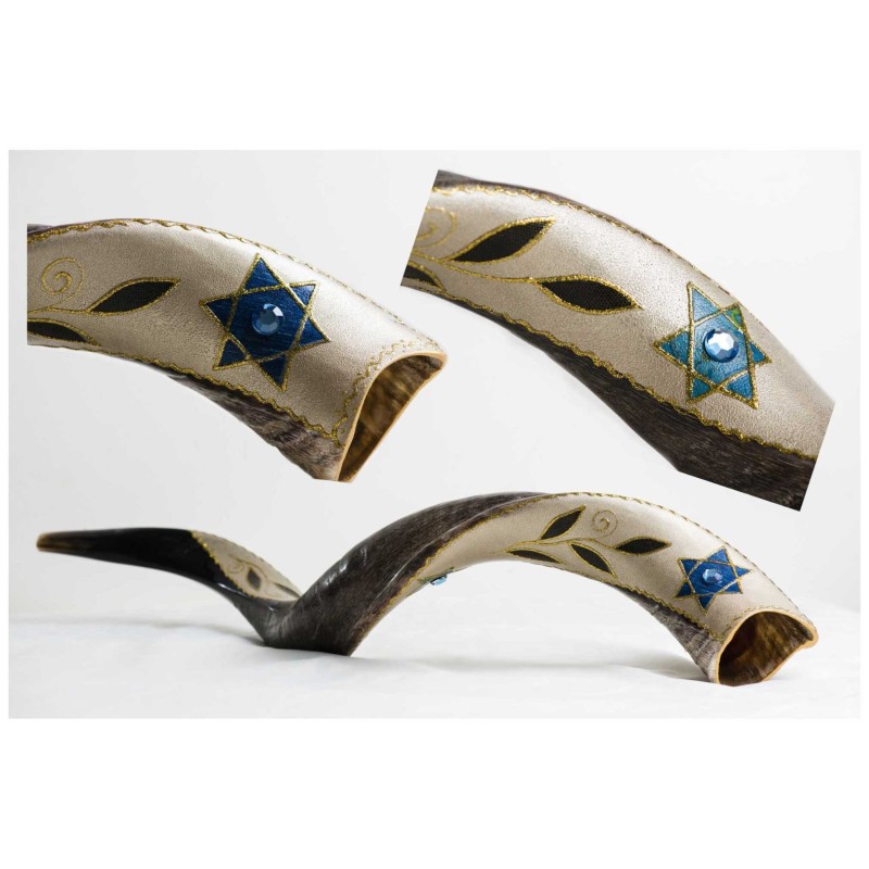 Star of David/Leaves Painted Yemenite Shofar - 40" | Rosh Hashanah | J