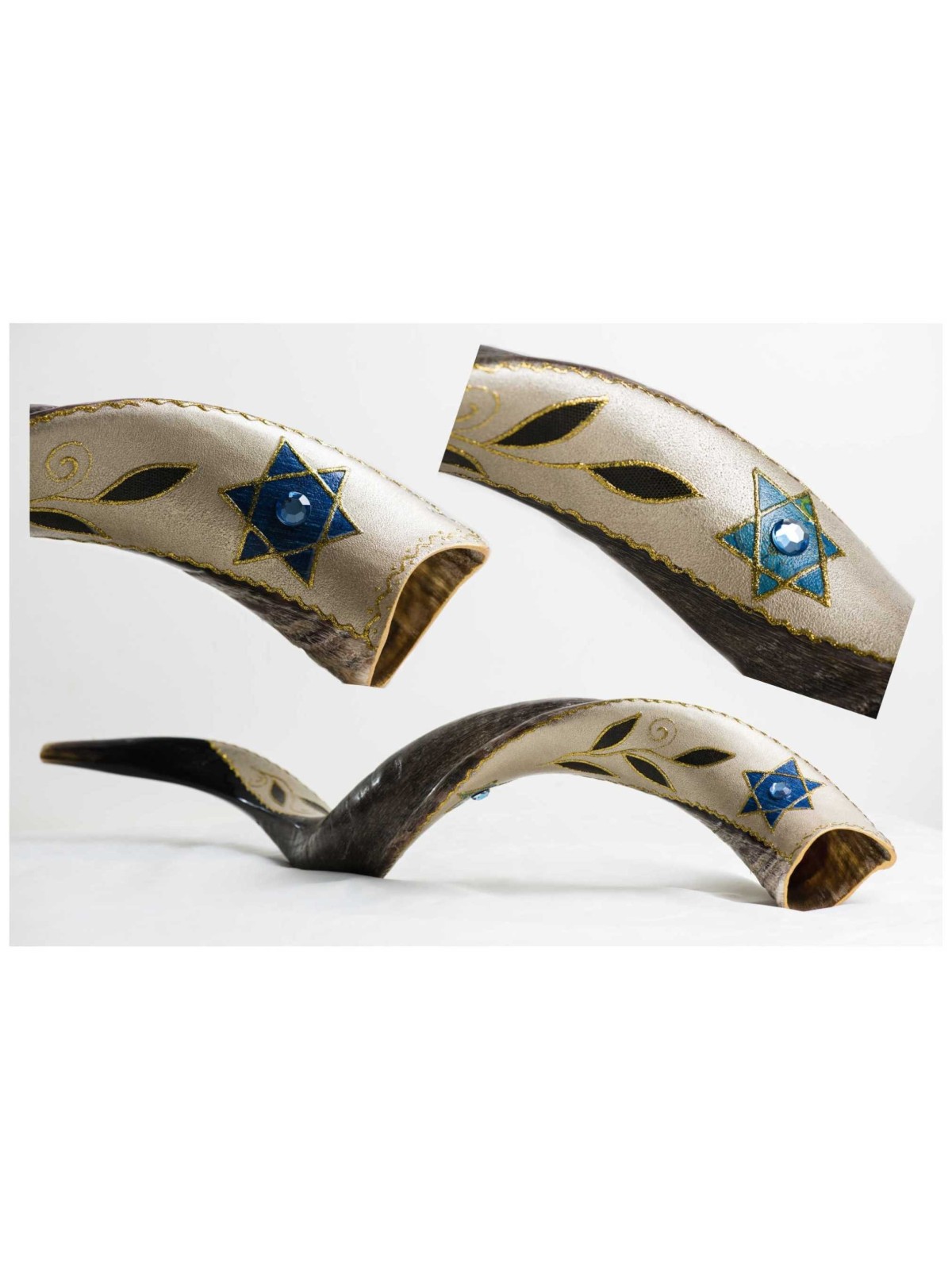 Star of David/Leaves Painted Yemenite Shofar - 40" | Rosh Hashanah | J