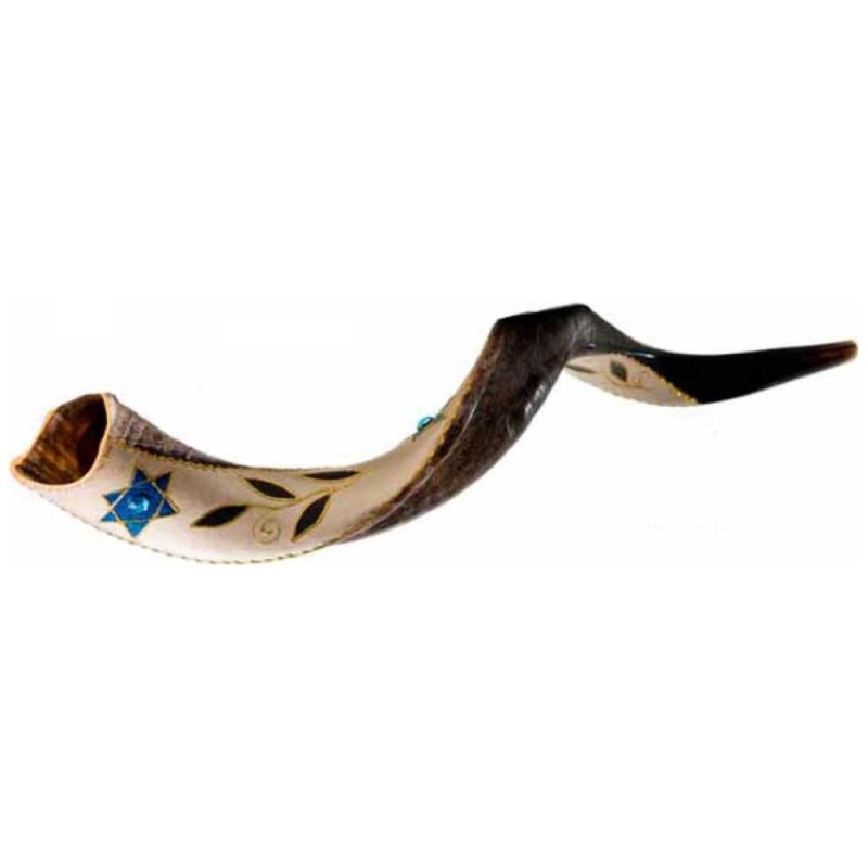 Star of David/Leaves Painted Yemenite Shofar - 40" | Rosh Hashanah | J
