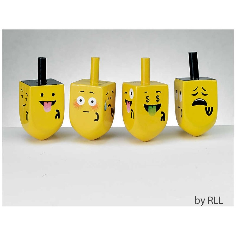 4 Painted Wood Dreidels with Emojis | Hanukkah | Judaica