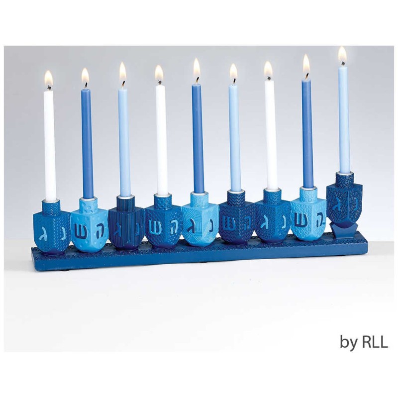 Blue Dreidels Hand-Painted Resin Menorah | Hanukkah | Judaica