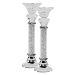 Crystal With Light Silver Stone Candlesticks 9"H | Candle Holders | Ju