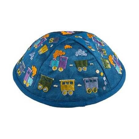 Embroidered Trains Kippah - Blue | Kippahs | Judaica