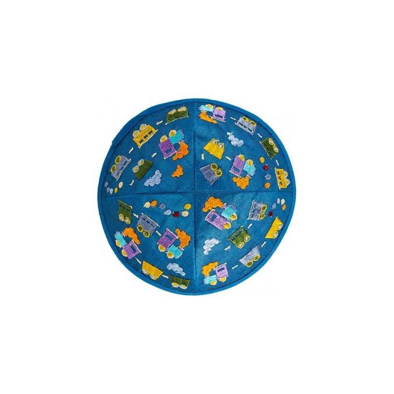 Embroidered Trains Kippah - Blue | Kippahs | Judaica