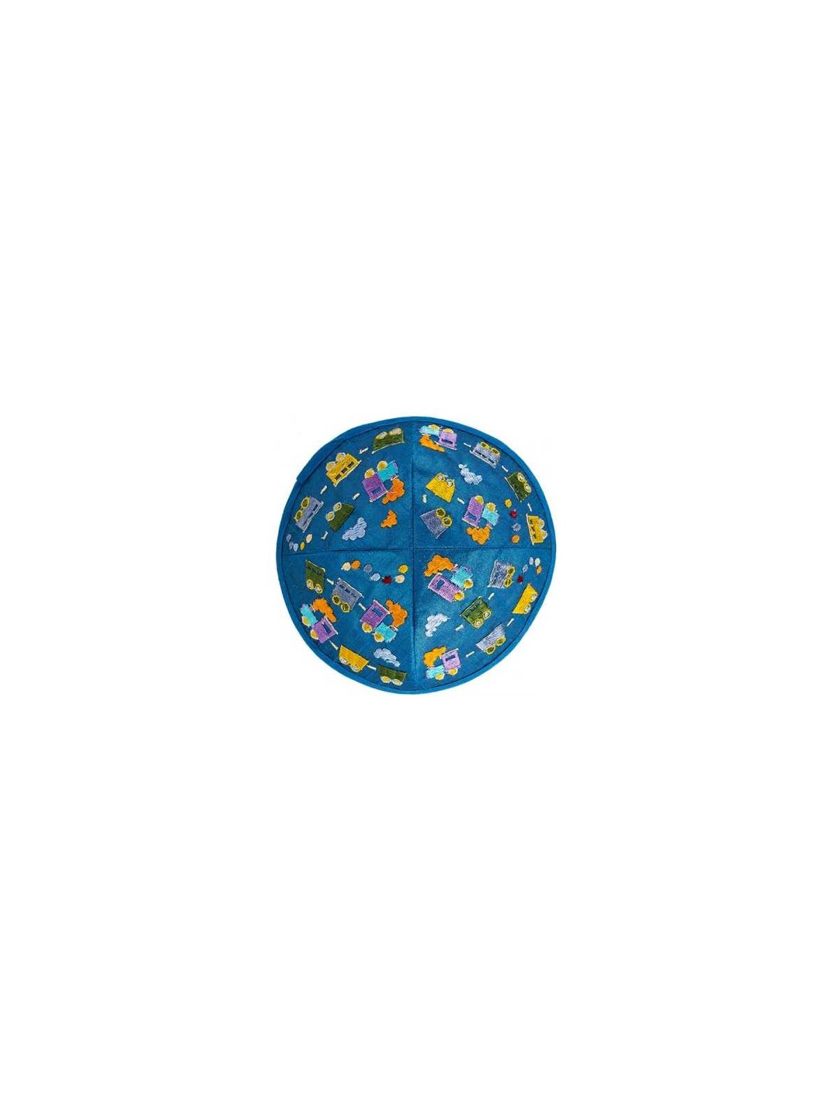 Embroidered Trains Kippah - Blue | Kippahs | Judaica