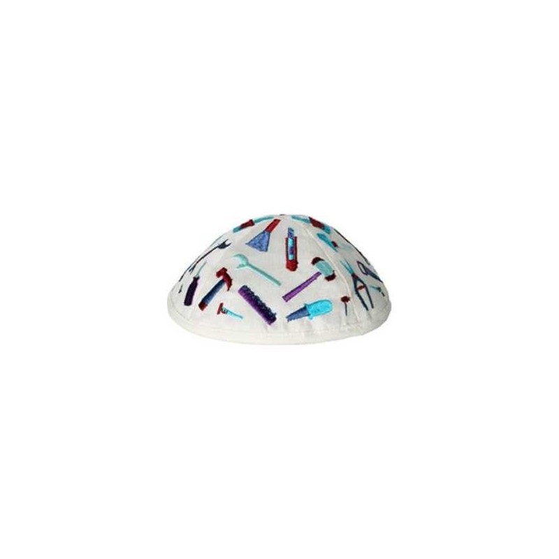 Embroidered Tools Kippah - White | Kippahs | Judaica