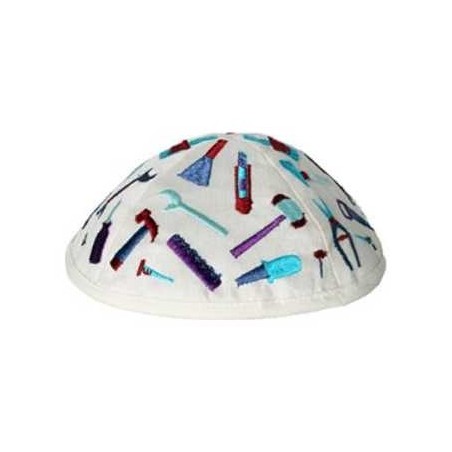 Embroidered Tools Kippah - White | Kippahs | Judaica