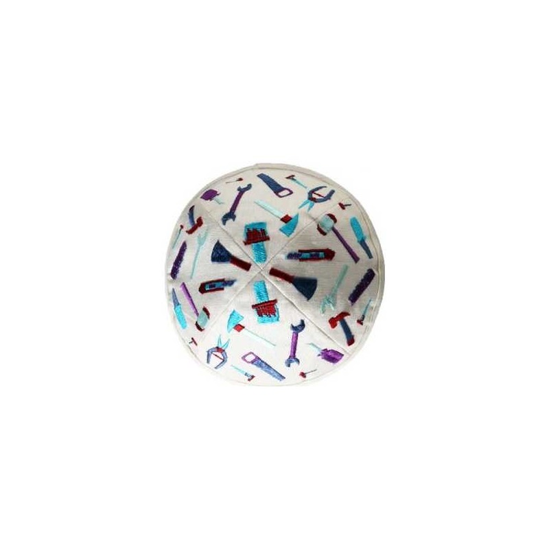 Embroidered Tools Kippah - White | Kippahs | Judaica