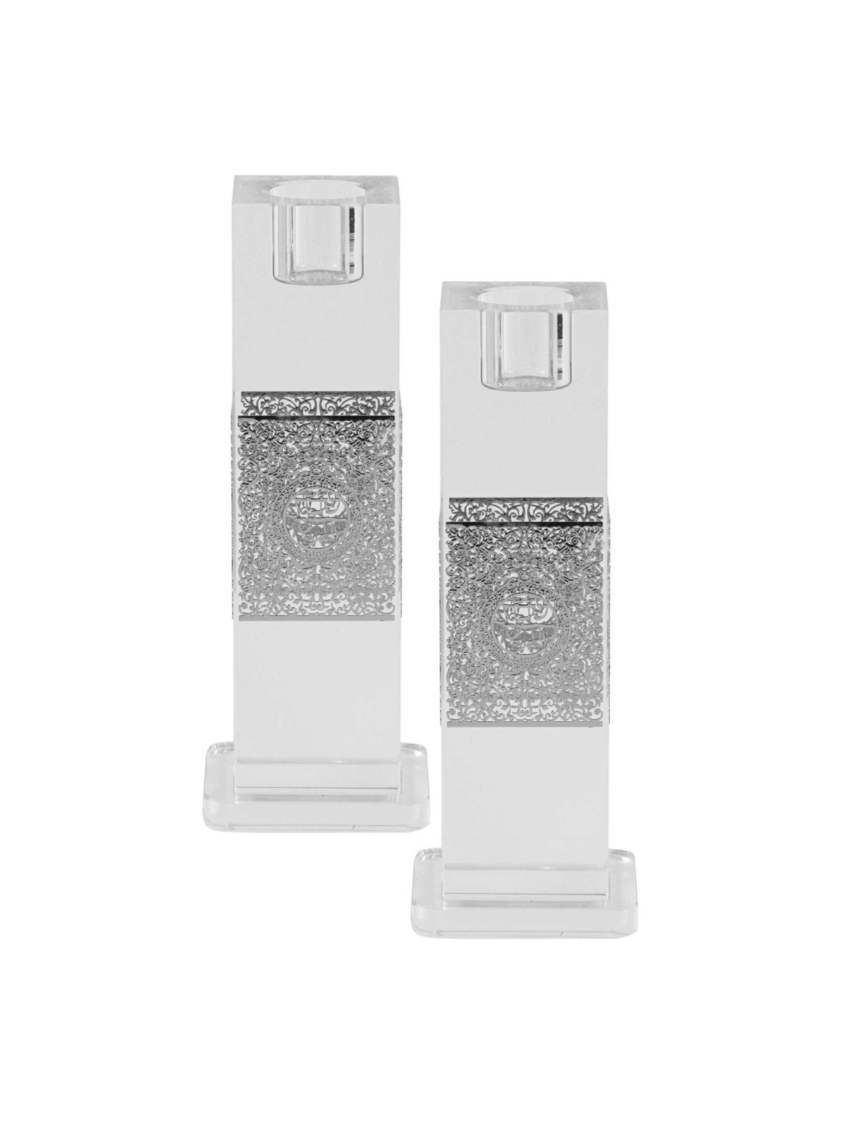 Modern Square Crystal Candlesticks with Silver Flo | Candle Holders |