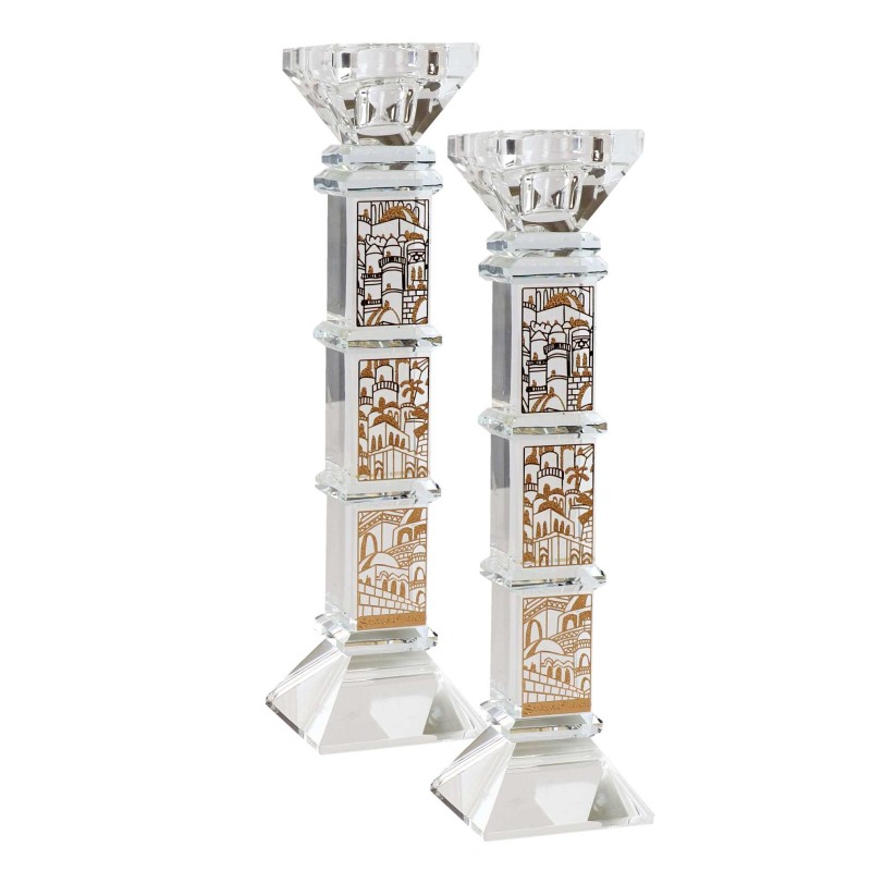 Crystal Square Candlesticks - Gold Jerusalem Desig | Candle Holders |