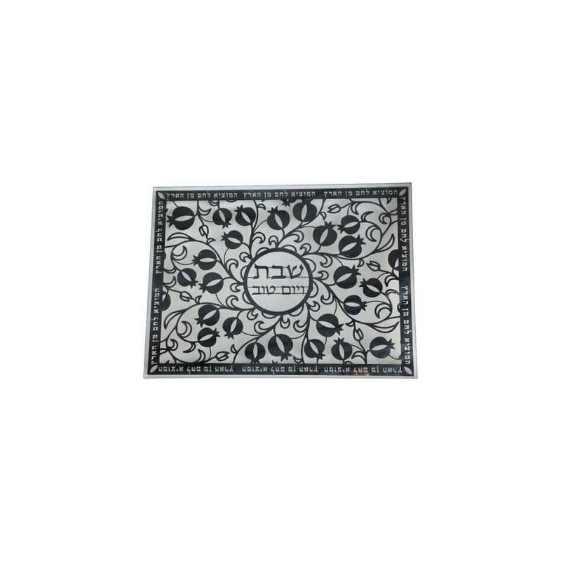 Glass Challah Tray with Black Metal Pomegranate De | Challah Boards |