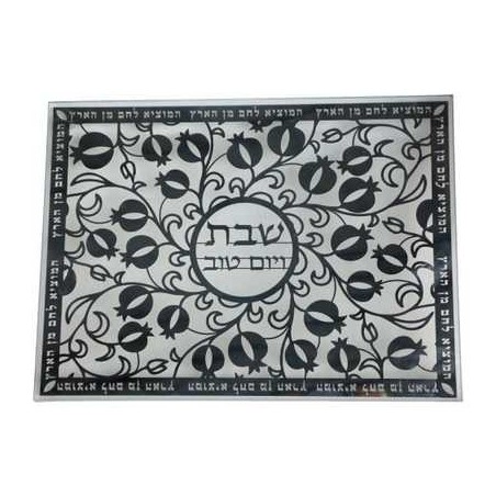 Glass Challah Tray with Black Metal Pomegranate De | Challah Boards |