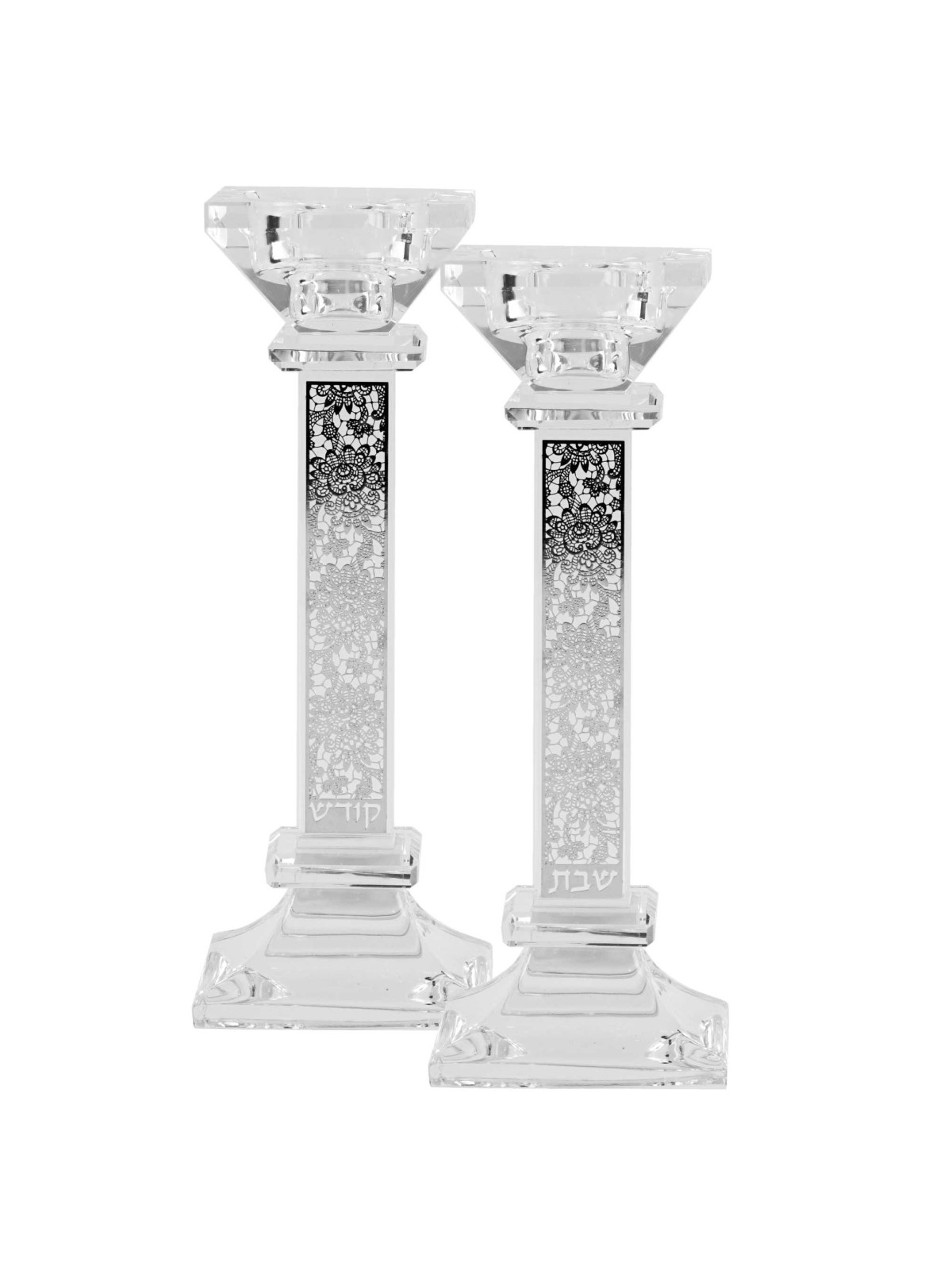 Crystal Square Candlesticks - Silver Floral Design | Candle Holders |