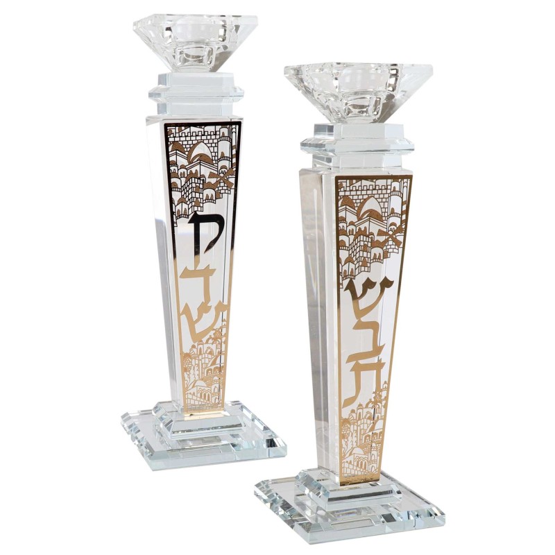 Crystal And Gold Candlesticks 9.5"H X 1.5"W | Candle Holders | Judaica