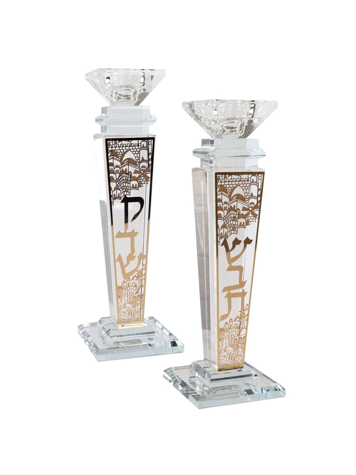 Crystal And Gold Candlesticks 9.5"H X 1.5"W | Candle Holders | Judaica