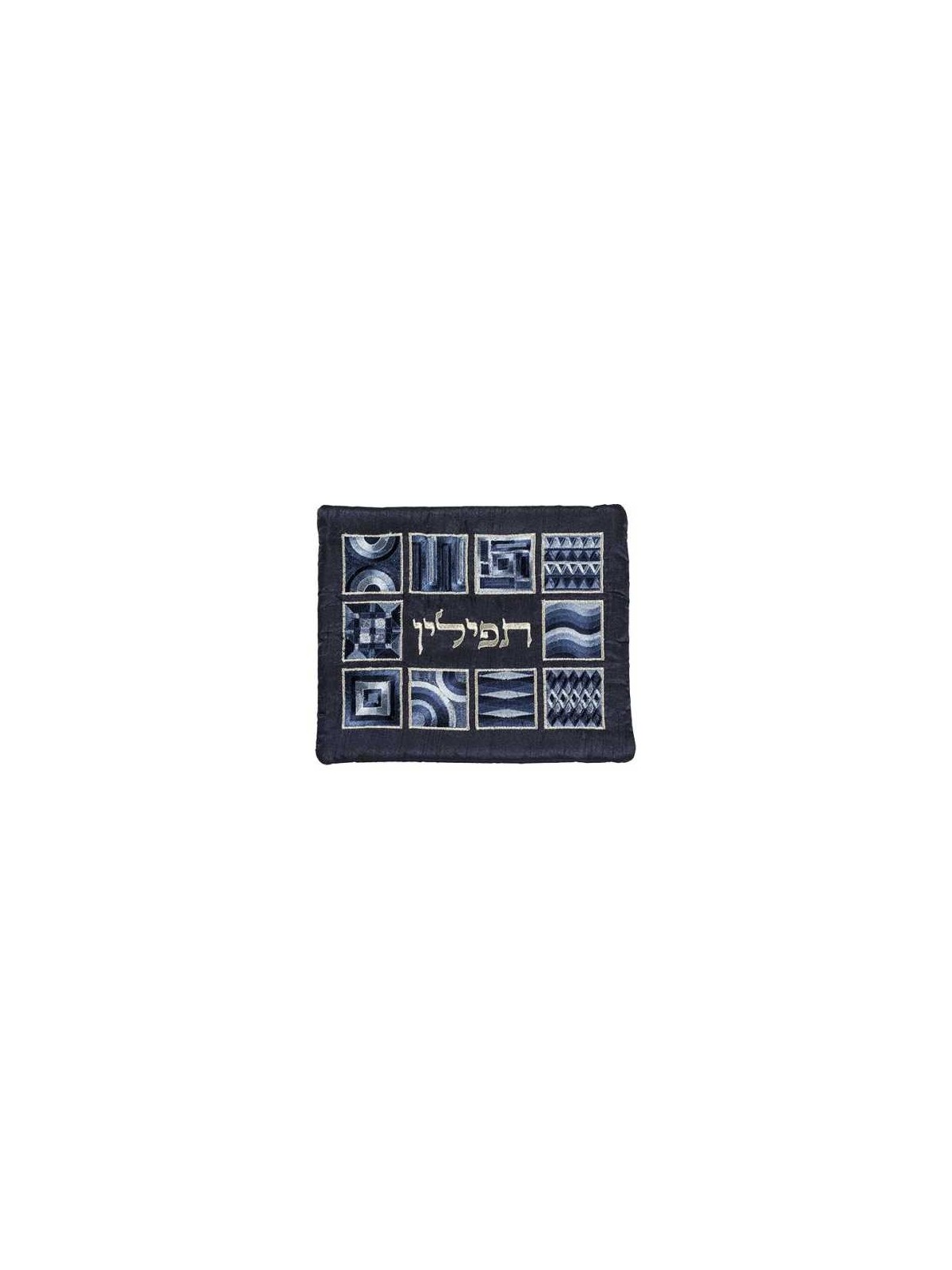Squares Full Embroidery Tefillin Bag - Blue | Tefillin & Accessories |