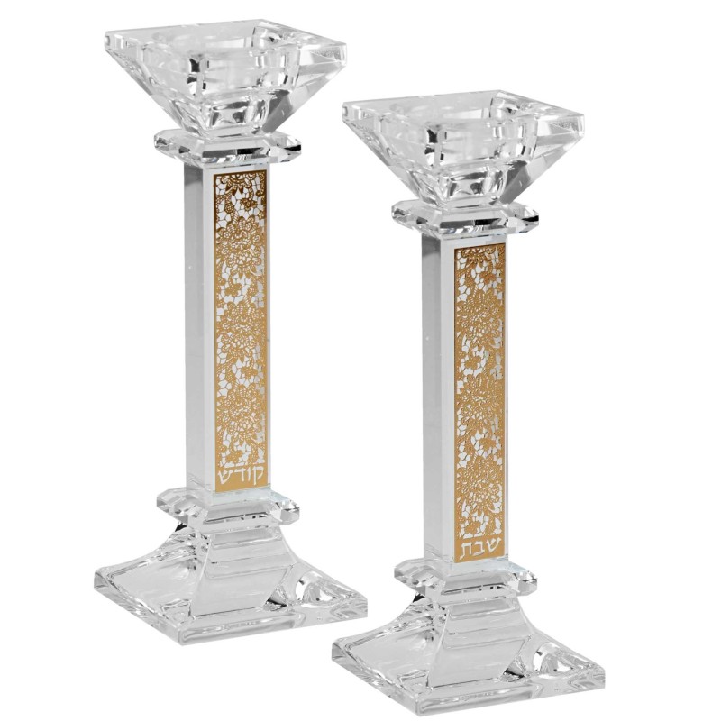 Crystal Square Candlesticks - Gold Floral Desgin | Candle Holders | Ju
