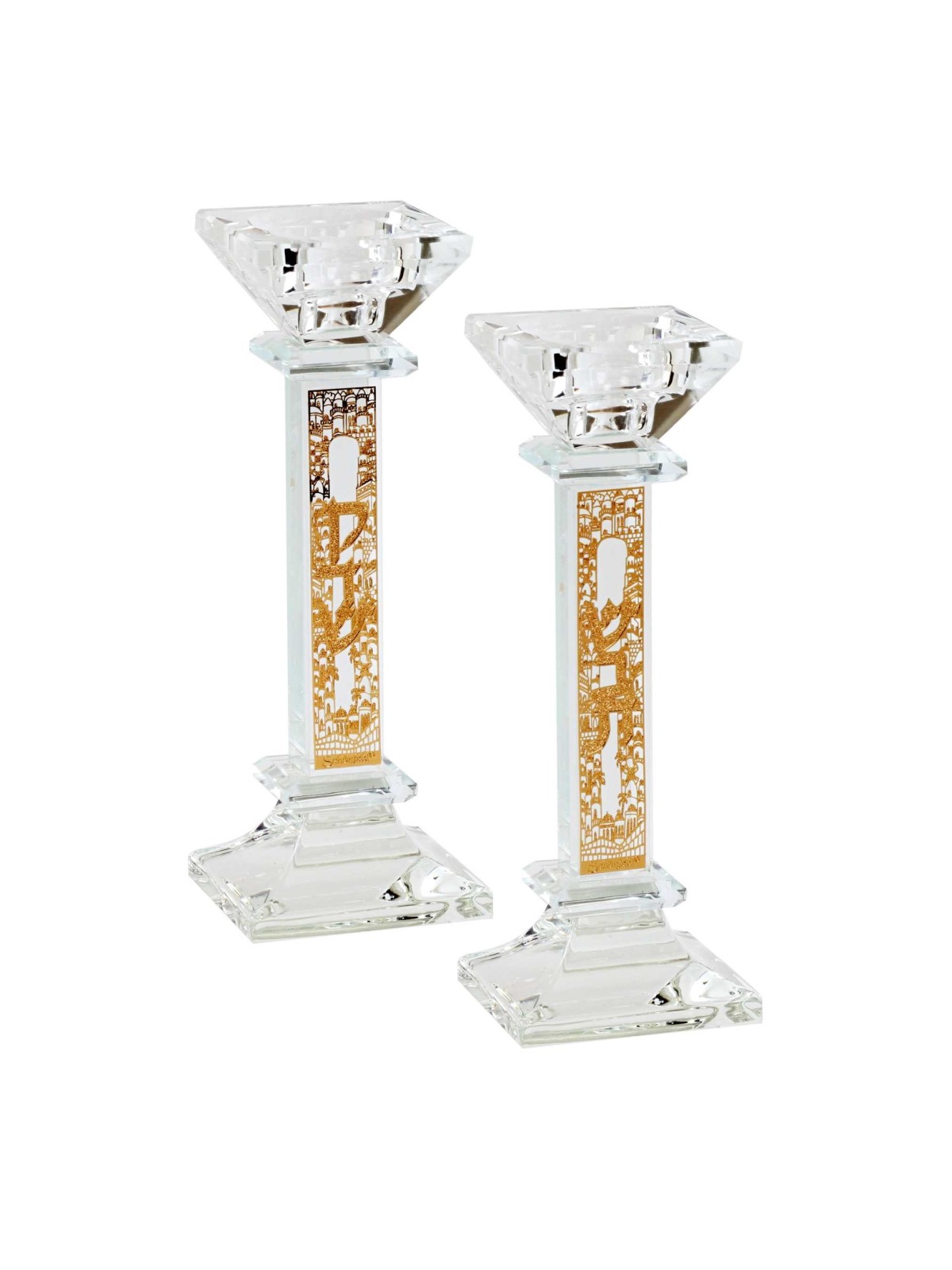 Crystal Square Candlesticks - Gold Shabbat Kodesh  | Candle Holders |
