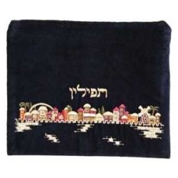 Velvet Embroidered Jerusalem Tefillin Bag - Multi- | Tefillin & Access