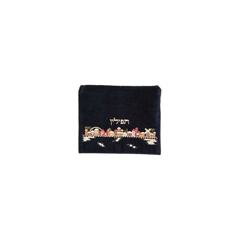 Velvet Embroidered Jerusalem Tefillin Bag - Multi- | Tefillin & Access