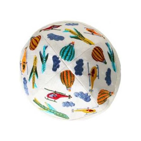 Embroidered Airplanes Kippah - White | Kippahs | Judaica