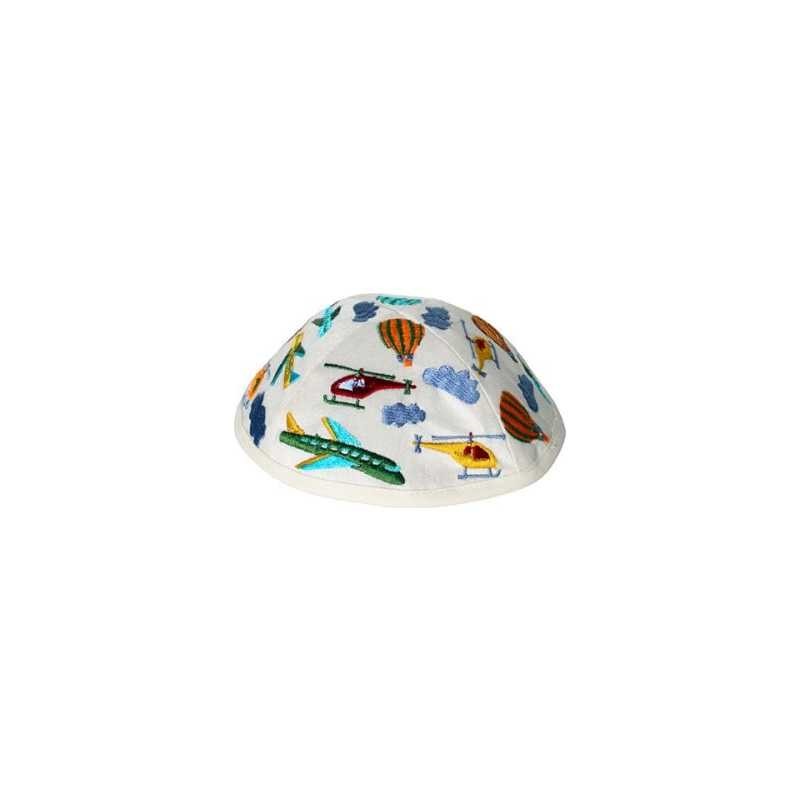 Embroidered Airplanes Kippah - White | Kippahs | Judaica
