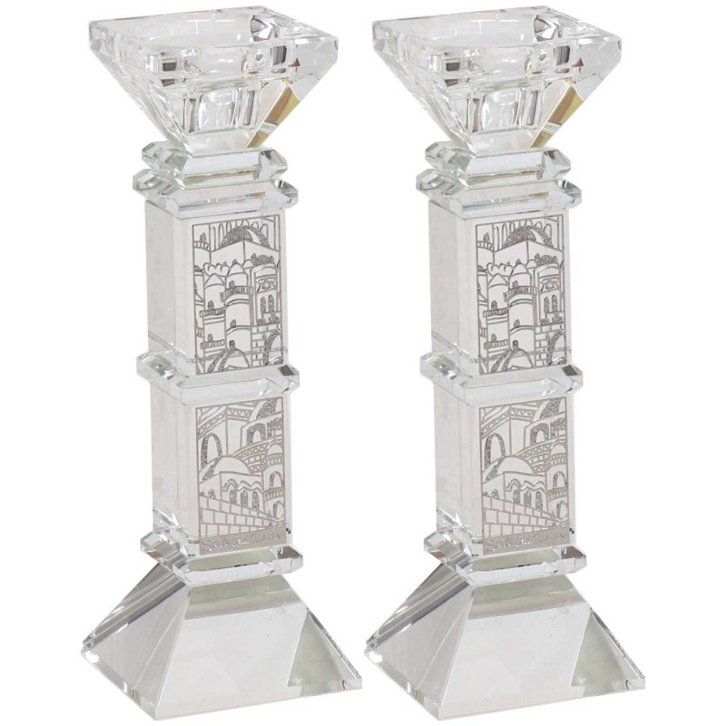 Squared Jerusalem Engraved Crystal Candlesticks Se | Candle Holders |