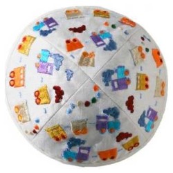 Embroidered Trains Kippah - White | Kippahs | Judaica