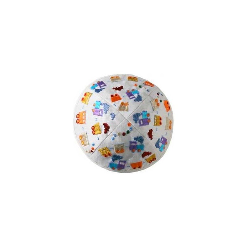 Embroidered Trains Kippah - White | Kippahs | Judaica