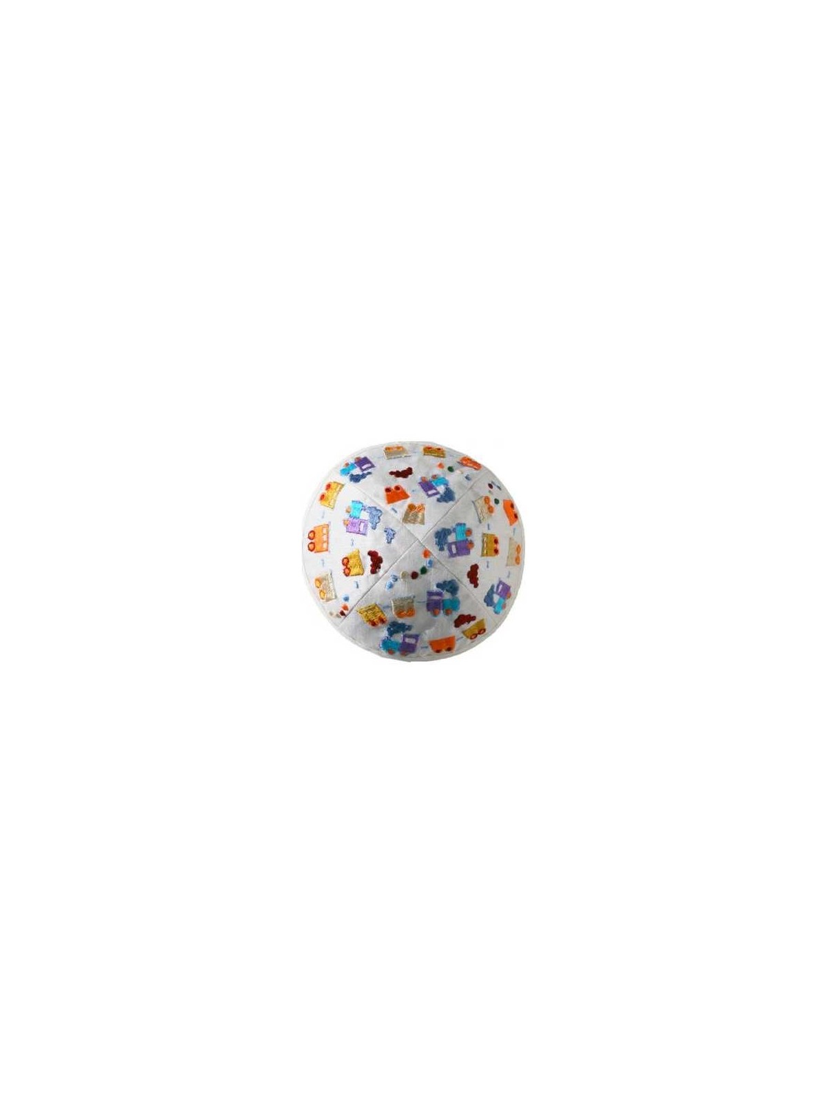Embroidered Trains Kippah - White | Kippahs | Judaica