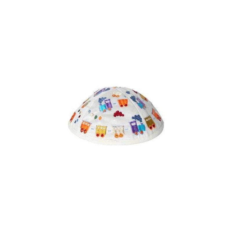 Embroidered Trains Kippah - White | Kippahs | Judaica