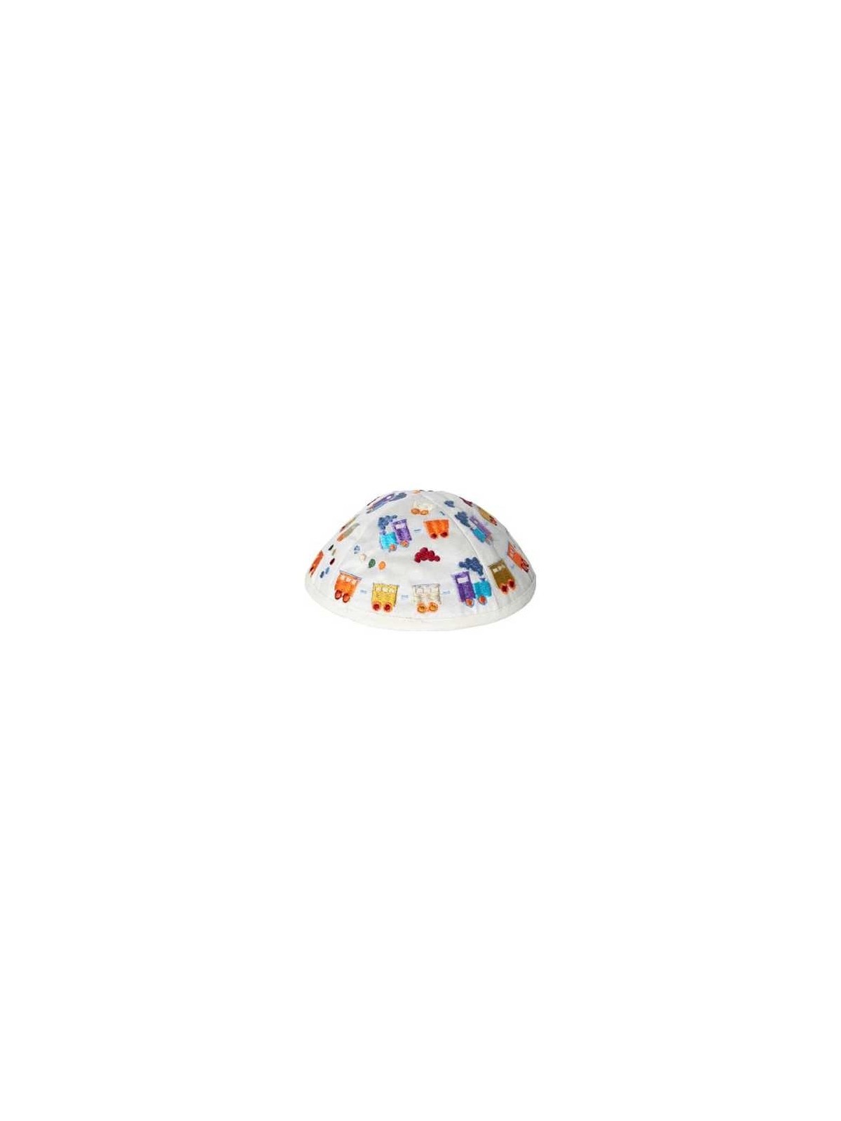 Embroidered Trains Kippah - White | Kippahs | Judaica