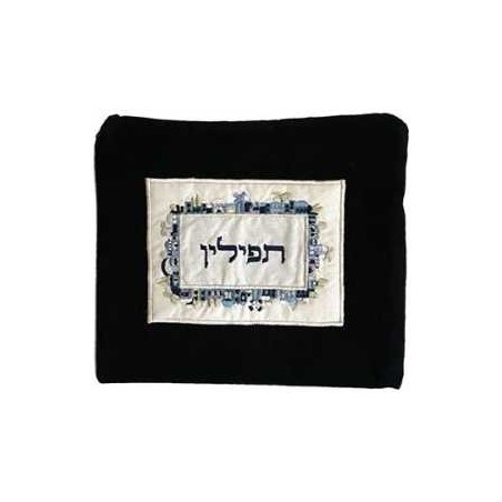 Velvet Embroidered Jerusalem Tefillin Bag - Blue | Tefillin & Accessor