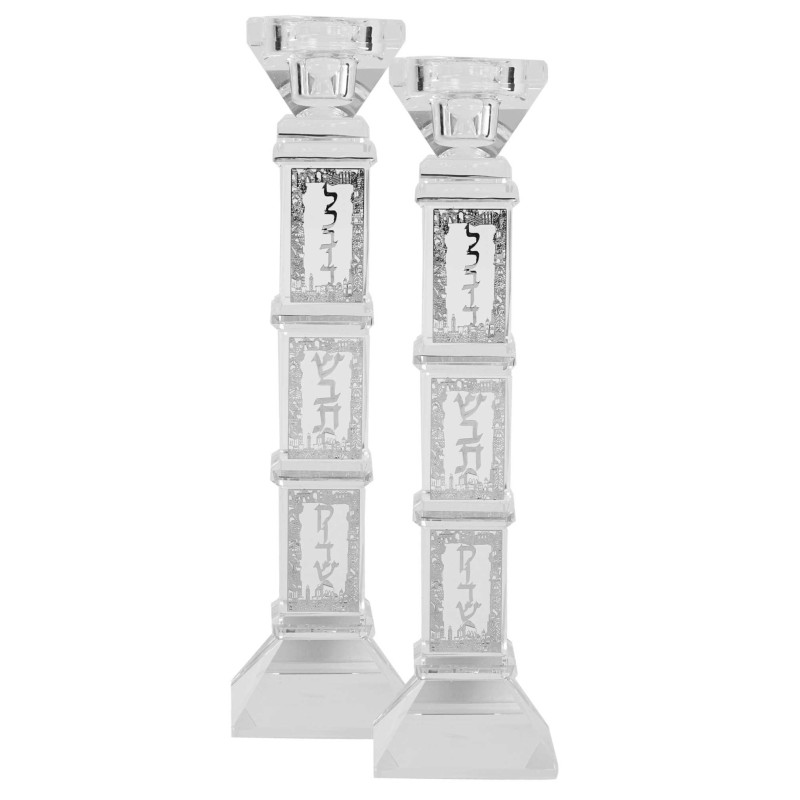 Crystal And Silver Candlesticks 9"H X 1.25"W | Candle Holders | Judaic