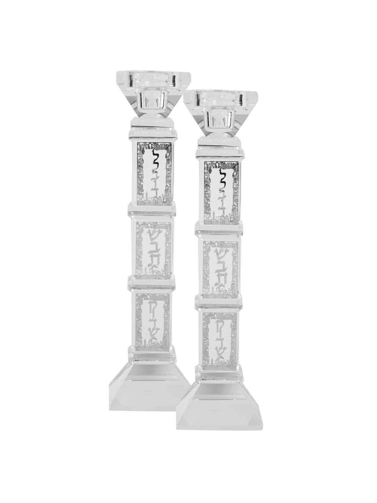 Crystal And Silver Candlesticks 9"H X 1.25"W | Candle Holders | Judaic