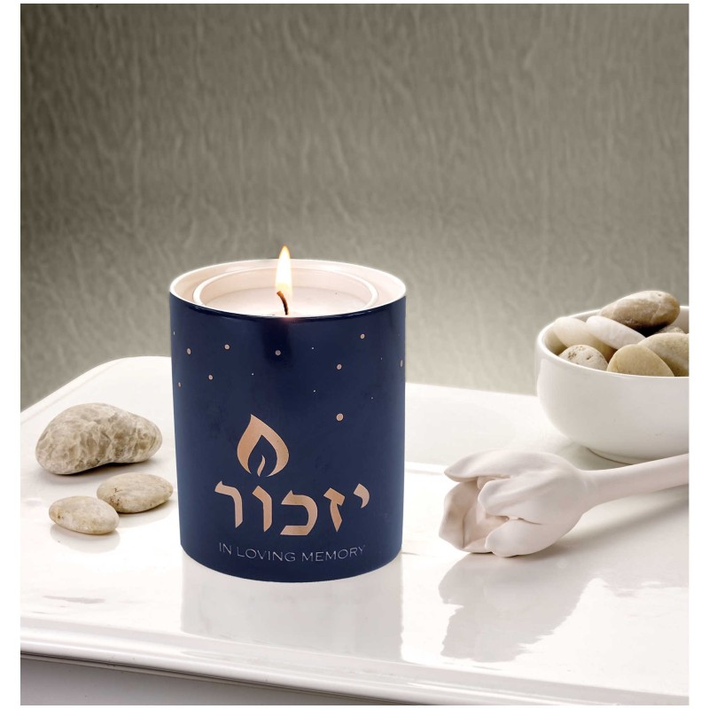 Decorative Yizkor Luminaria, Blue Ceramic with Gol | Yahrzeit Candles