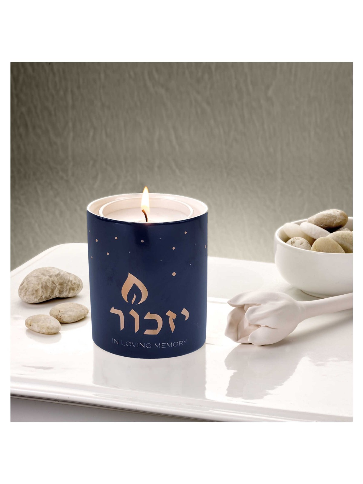 Decorative Yizkor Luminaria, Blue Ceramic with Gol | Yahrzeit Candles