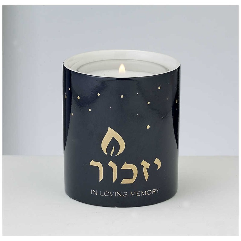 Decorative Yizkor Luminaria, Blue Ceramic with Gol | Yahrzeit Candles