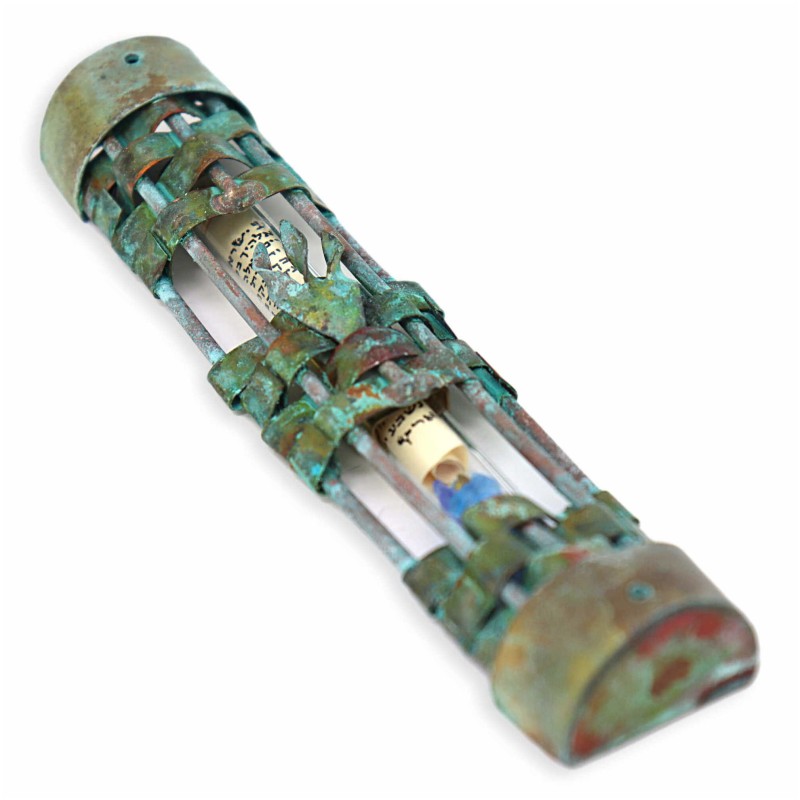 Étui Mezuzah souvenir en verre de mariage tissé patiné | Mariage | Judaïca