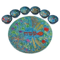 Wood Blue Seven Species Seder Plate | Passover | Judaica