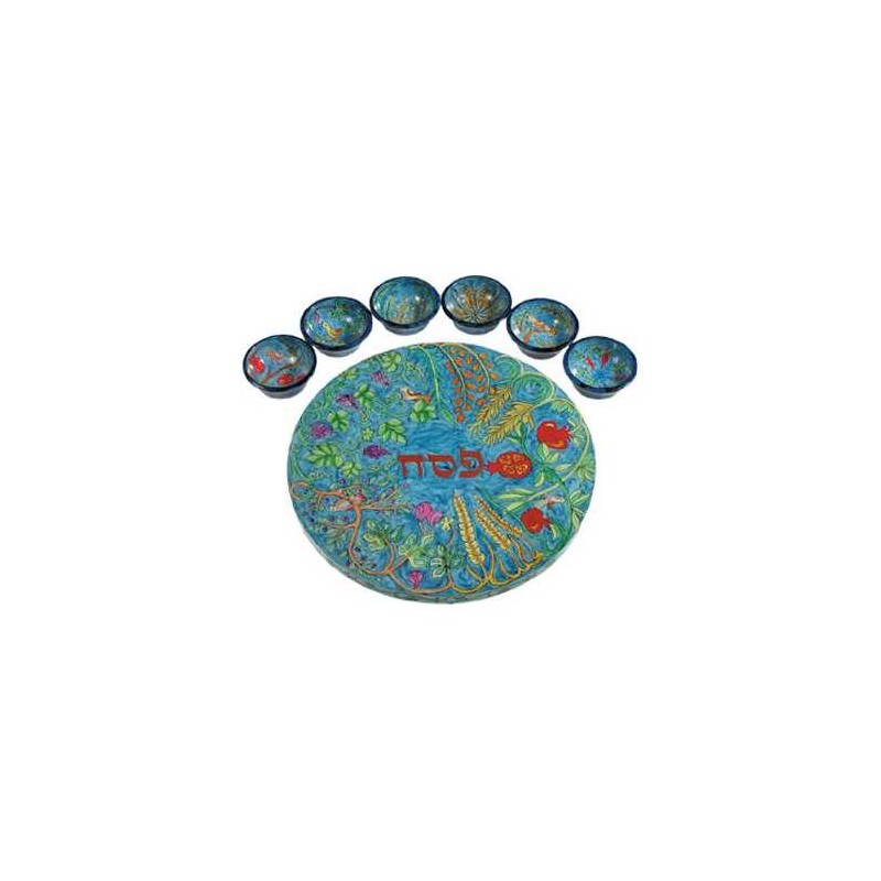 Assiette Seder Bois Bleu Sept Espèces | Pâque | Judaïca