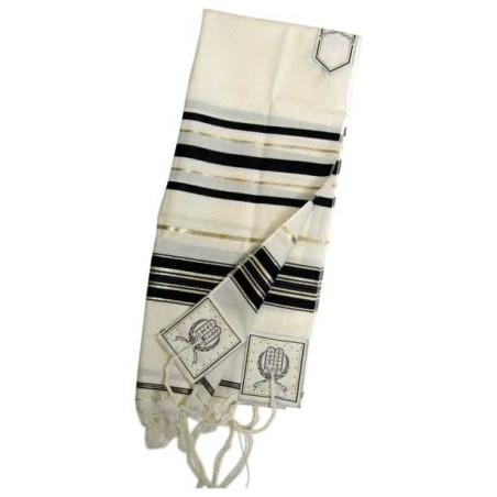 Talit traditionnel en laine à rayures noires et dorées | Talit/Tallis | Judaïca