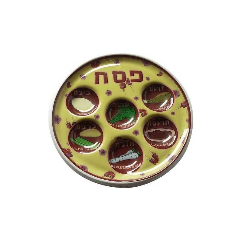 Assiette de Seder jetable florale jaune et rouge en plastique | Pâque | judaïque
