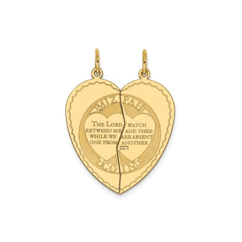 Breloque Mizpah cœur en or jaune 14 carats 2 pièces | Bijoux | Judaïca