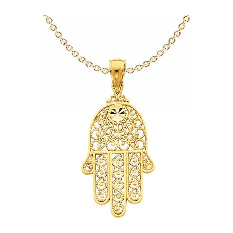 14k Solid Yellow Gold Diamond-Cut Filigree Hamsa P | Jewelry | Judaica