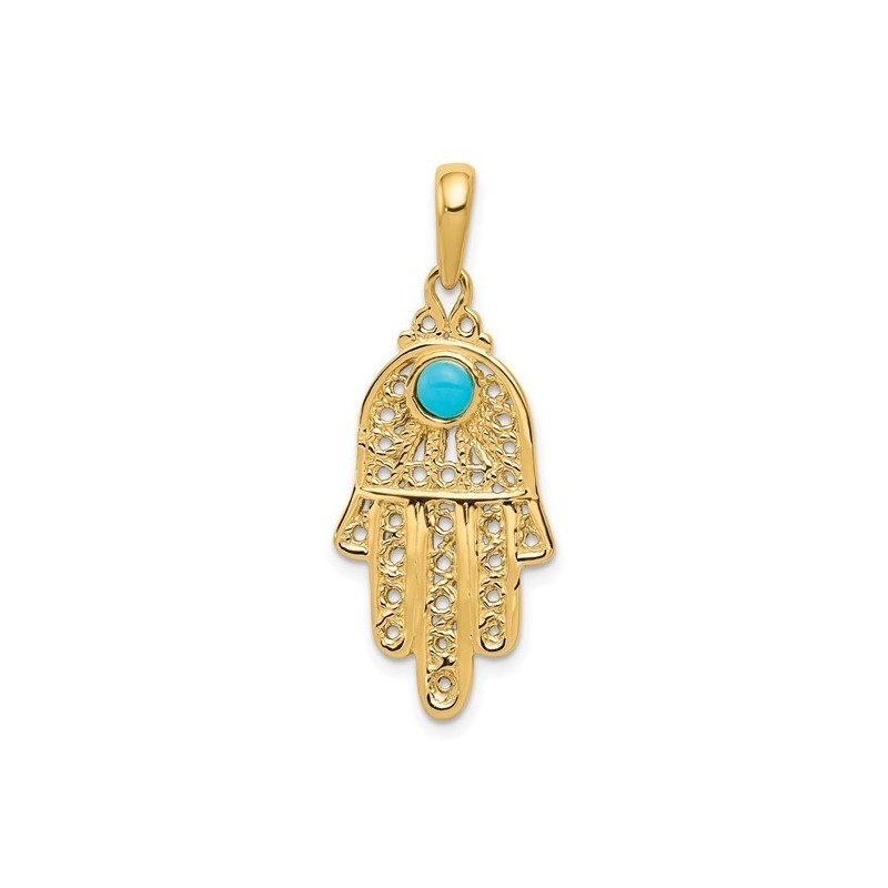 14k Yellow Gold Turquoise Filigree Hamsa Pendant | Jewelry | Judaica