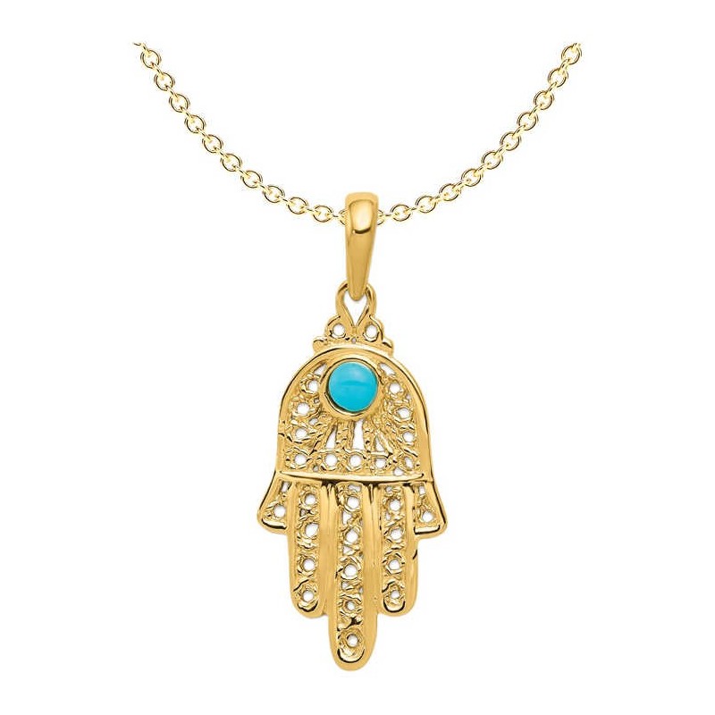 14k Yellow Gold Turquoise Filigree Hamsa Pendant | Jewelry | Judaica