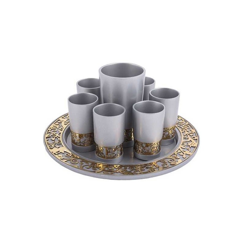 Round Silver and Gold Lasercut Pomegranate Kiddush | Kiddush Cups | Ju